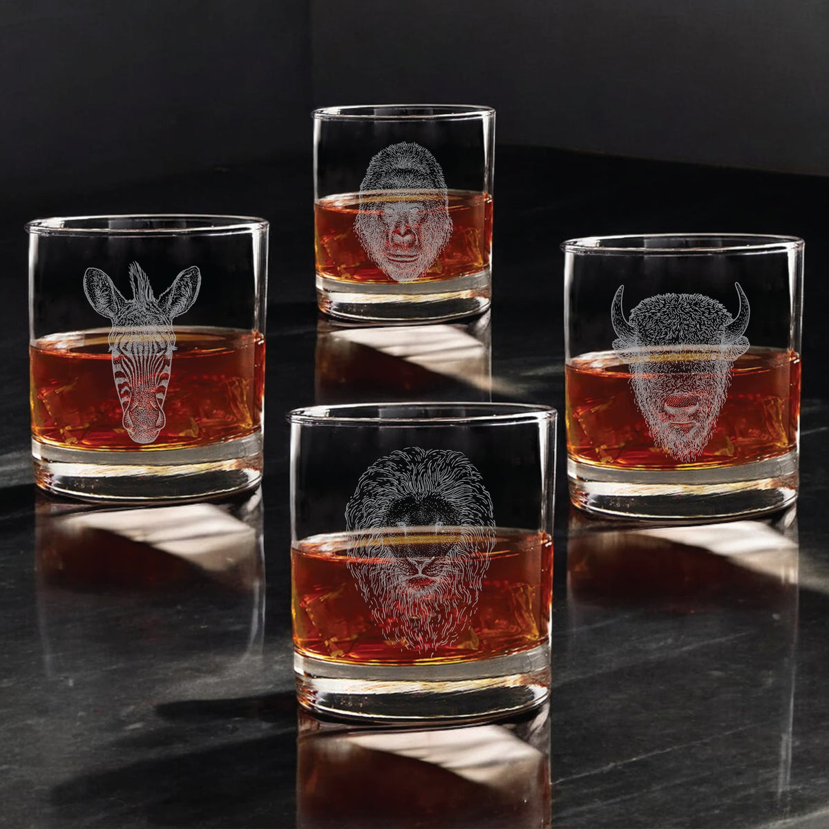 Wild Kingdom Engraved Whiskey Glass Set of 4