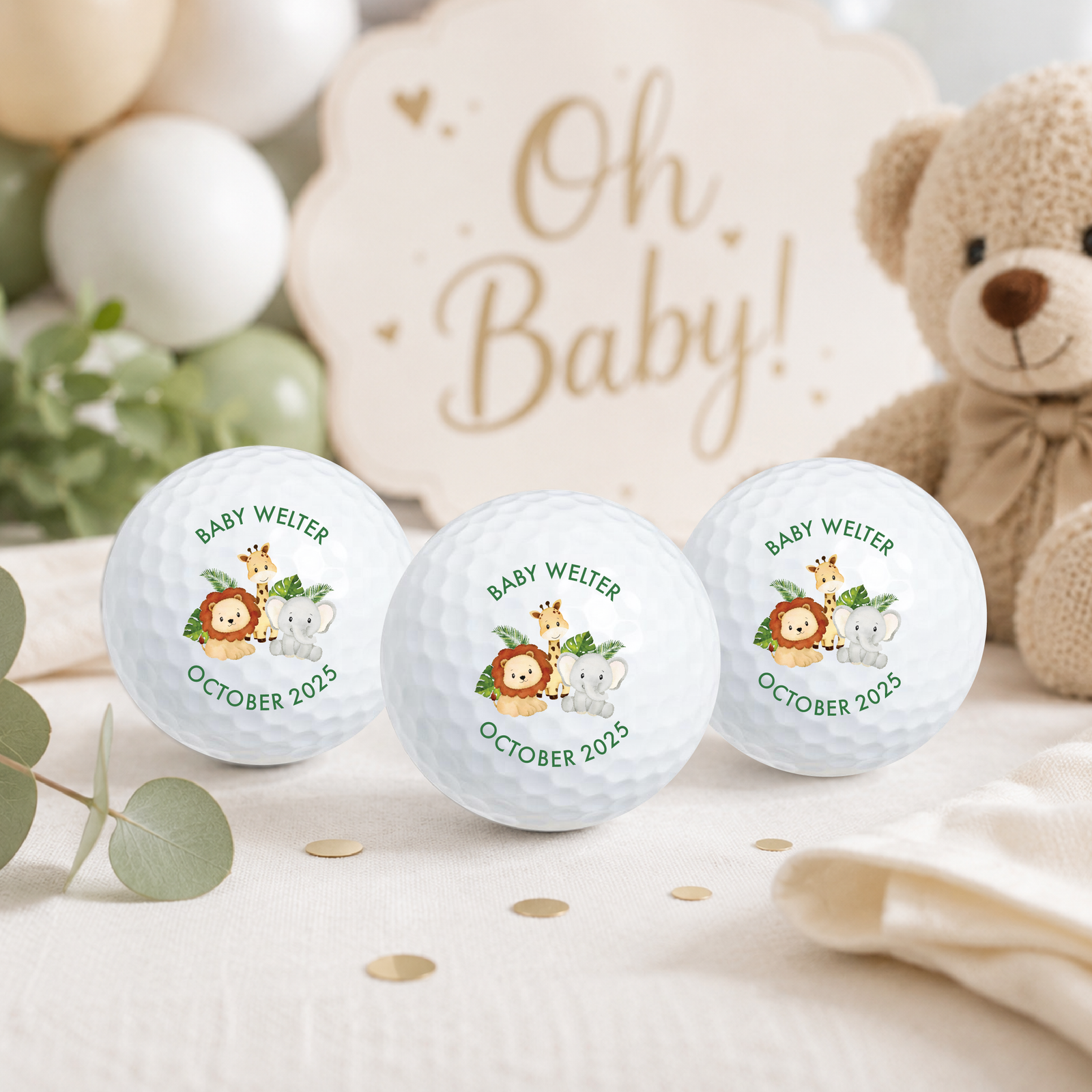 Personalized Safari Baby Shower Golf Balls – Custom Baby Shower Favors with Name & Arrival Date
