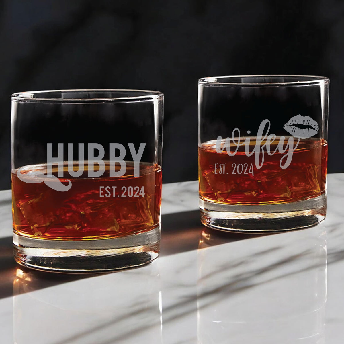 Hubby &amp; Wifey Personalized Whiskey Glass Set