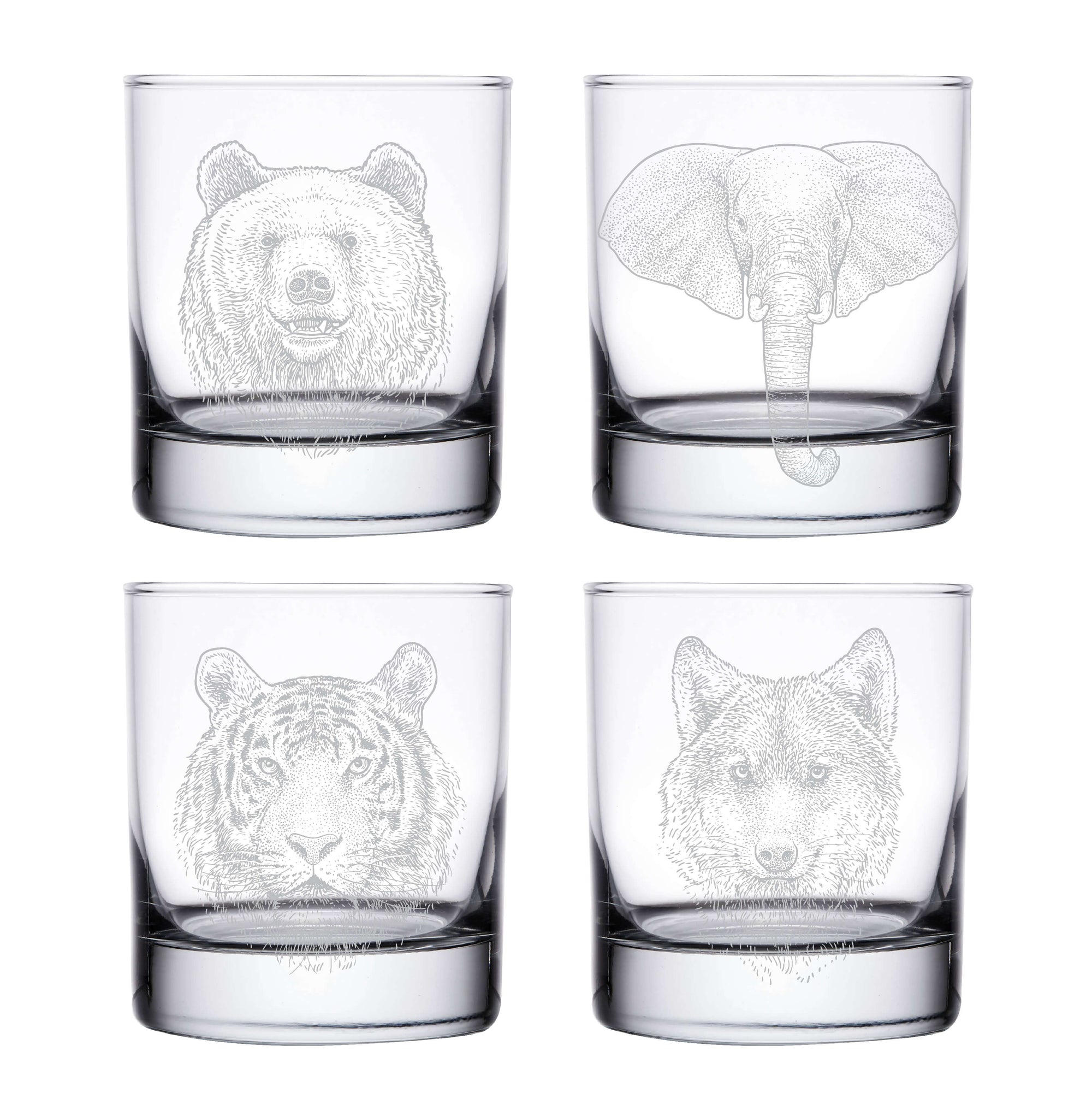 Wildlife Whiskey Glasses Bear Elephant Tiger Wolf