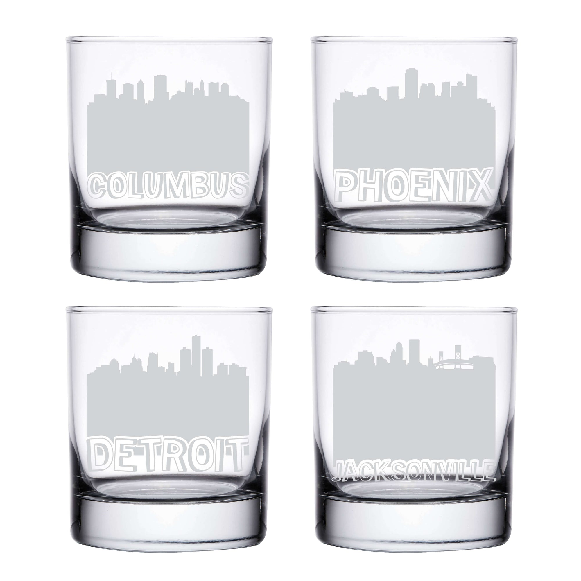 City Skyline Whiskey Glasses Columbus Phoenix Detroit Jacksonville