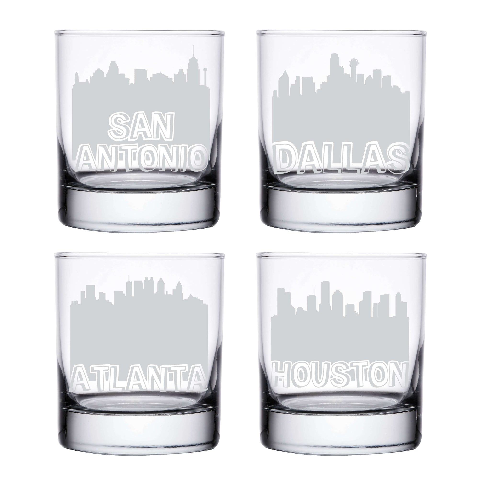 Southern City Skyline Whiskey Glasses San Antonio Dallas Atlanta Houston