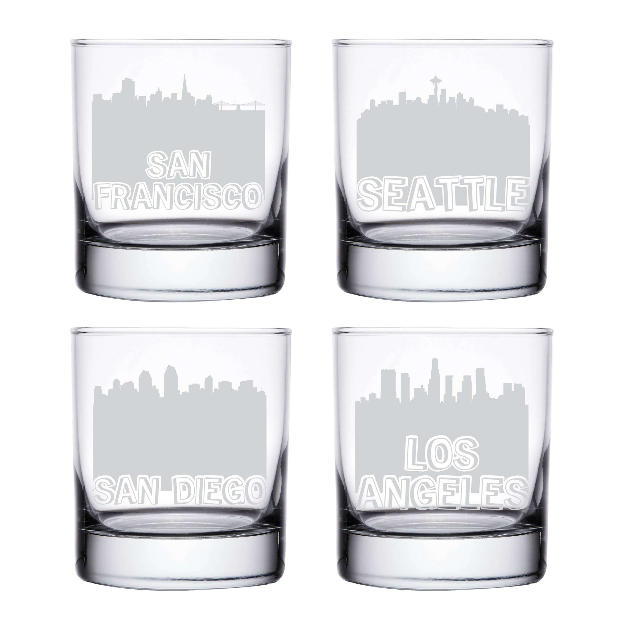 West Coast City Skyline Whiskey Glasses San Francisco Seattle San Diego Los Angeles